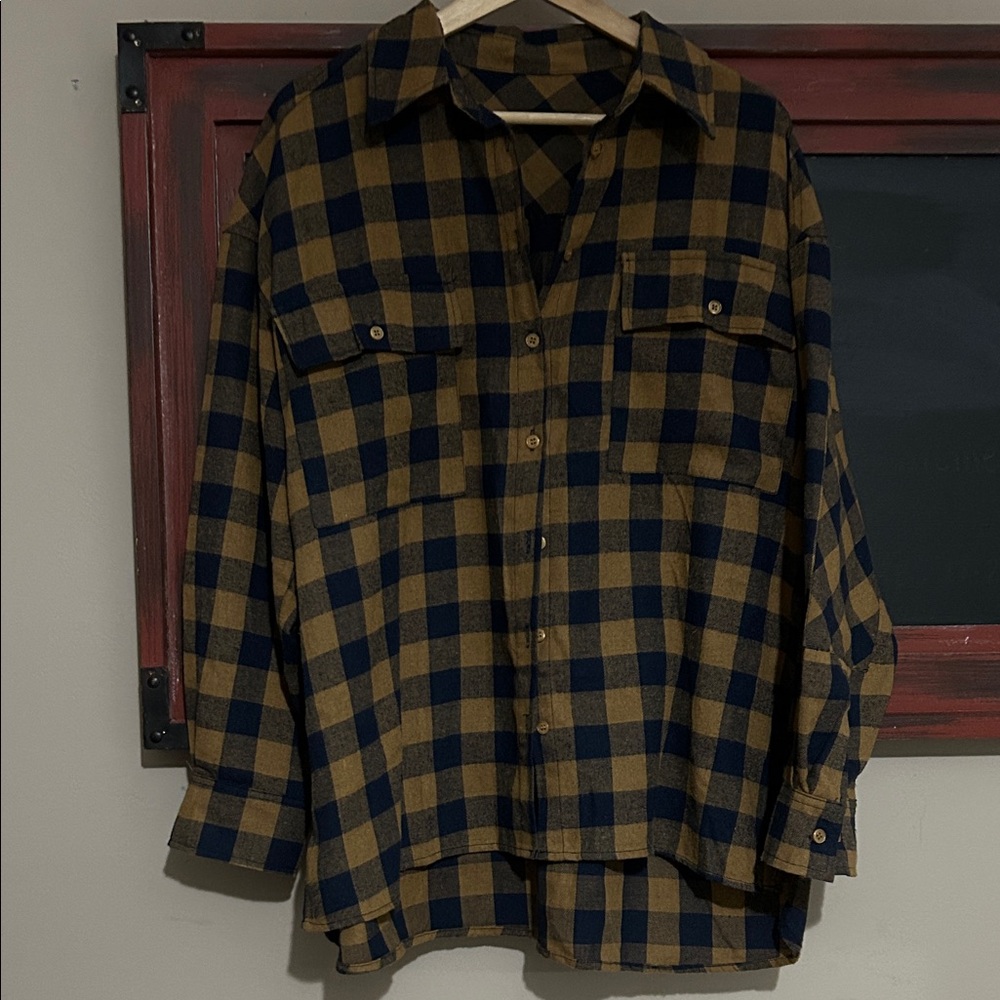 Checked Button-Down Shirt Jacket in Tan and Navy